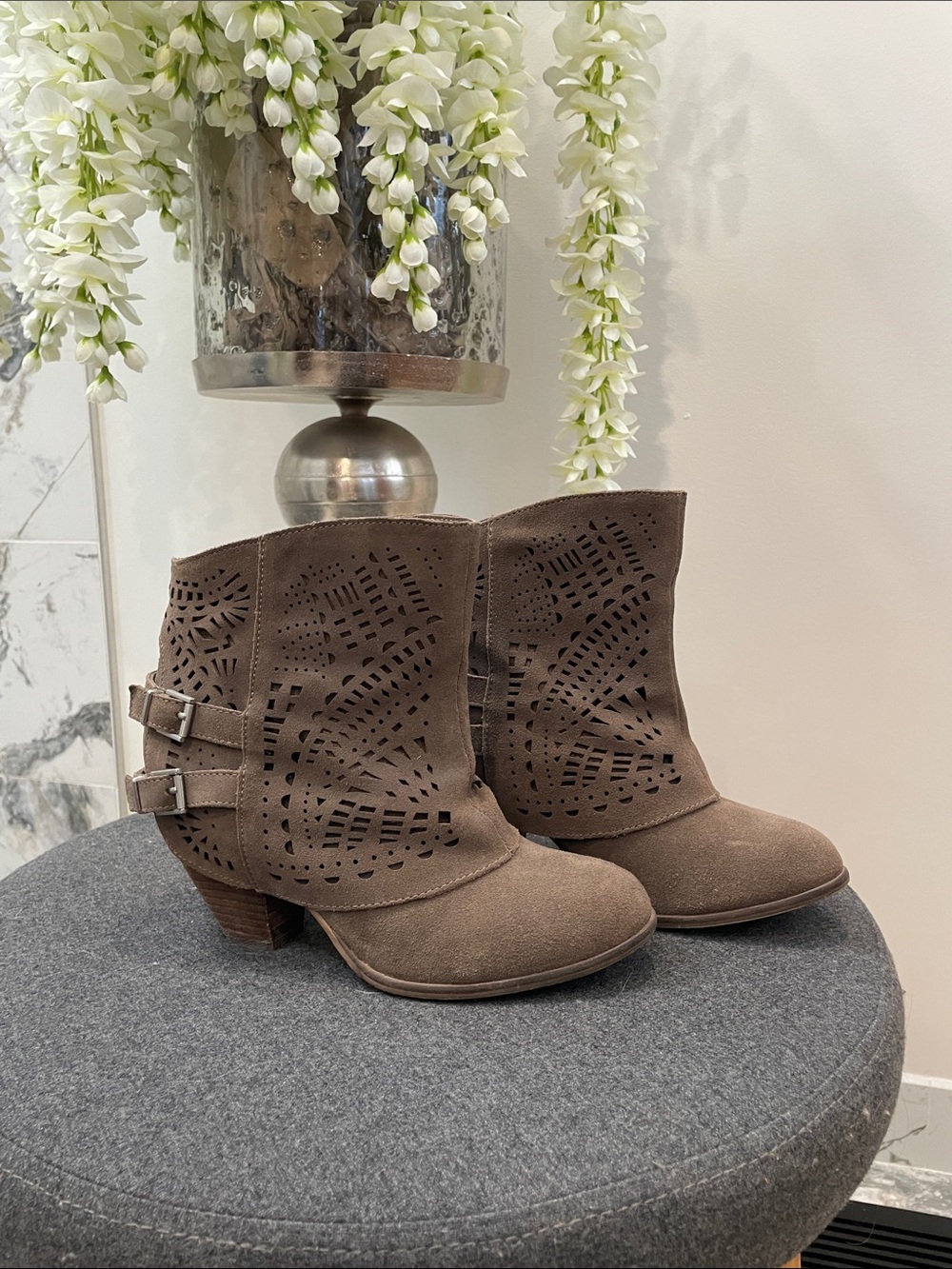 naughty monkey Taupe Suede Laser-Cut Ankle Booties